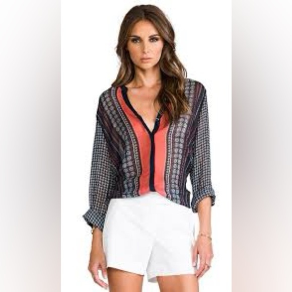 Sanctuary Tribal Border Print Cafe Long Sleeve Roll Tab Blouse Size L - Picture 2 of 10